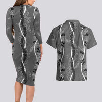 Hawaii Maile Lei Couples Matching Long Sleeve Bodycon Dress and Hawaiian Shirt With Gray Monstera Pattern