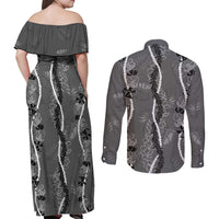 Hawaii Maile Lei Couples Matching Off Shoulder Maxi Dress and Long Sleeve Button Shirt With Gray Monstera Pattern LT05 - Polynesian Pride