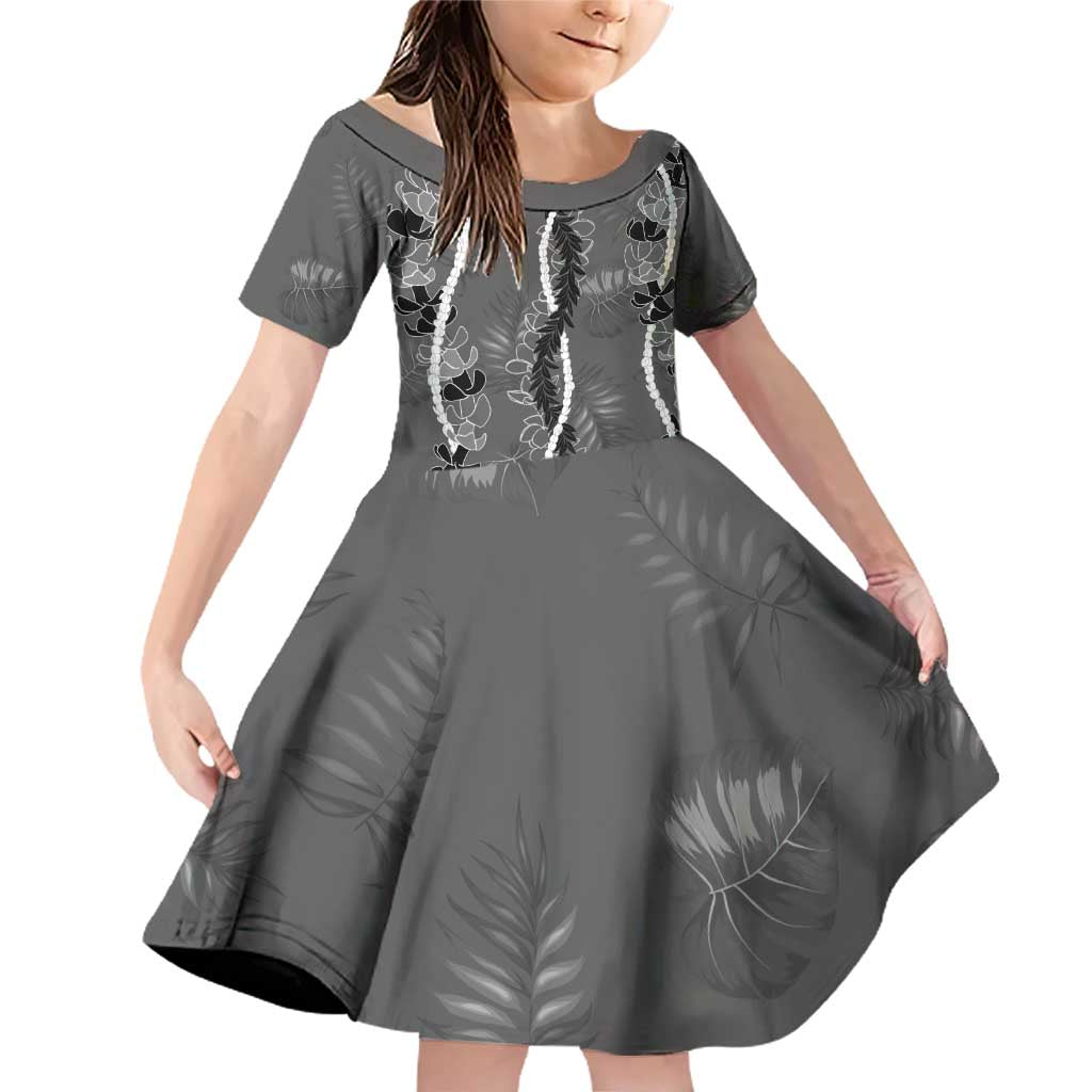 Hawaii Maile Lei Family Matching Off Shoulder Short Dress and Hawaiian Shirt With Gray Monstera Pattern LT05 Daughter's Dress Gray - Polynesian Pride