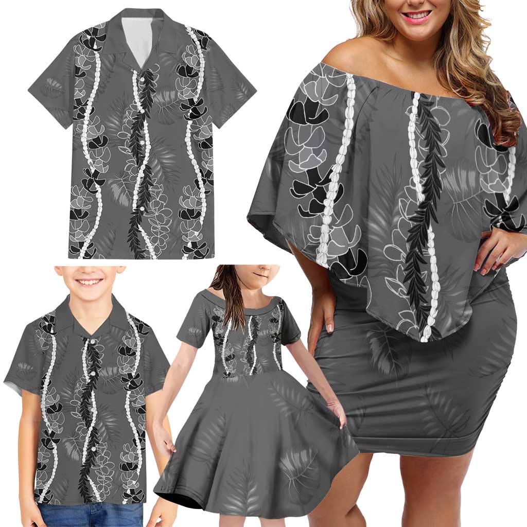 Hawaii Maile Lei Family Matching Off Shoulder Short Dress and Hawaiian Shirt With Gray Monstera Pattern LT05 - Polynesian Pride