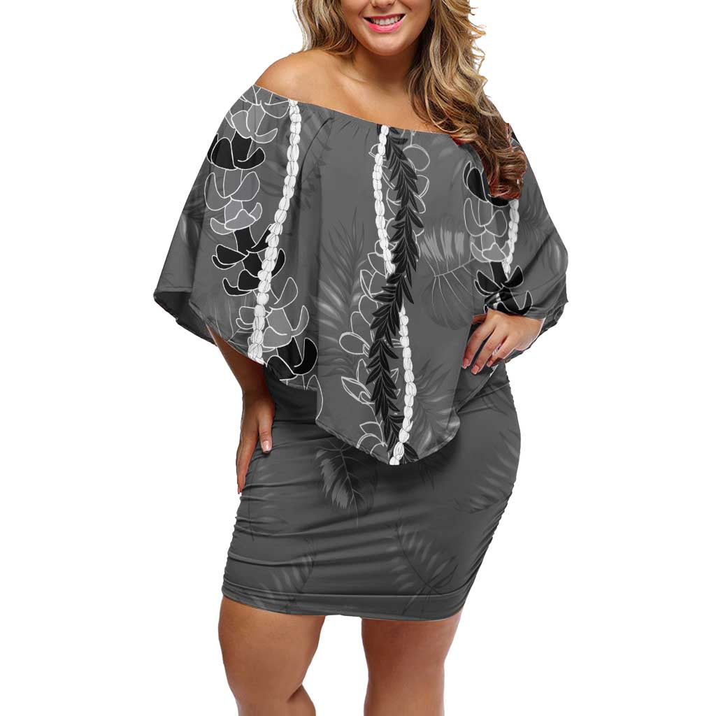 Hawaii Maile Lei Family Matching Off Shoulder Short Dress and Hawaiian Shirt With Gray Monstera Pattern LT05 Mom's Dress Gray - Polynesian Pride