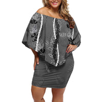 Hawaii Maile Lei Family Matching Off Shoulder Short Dress and Hawaiian Shirt With Gray Monstera Pattern LT05 Mom's Dress Gray - Polynesian Pride