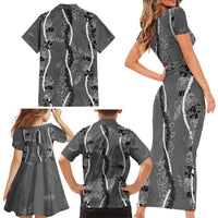 Hawaii Maile Lei Family Matching Short Sleeve Bodycon Dress and Hawaiian Shirt With Gray Monstera Pattern