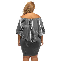 Hawaii Maile Lei Off Shoulder Short Dress With Gray Monstera Pattern