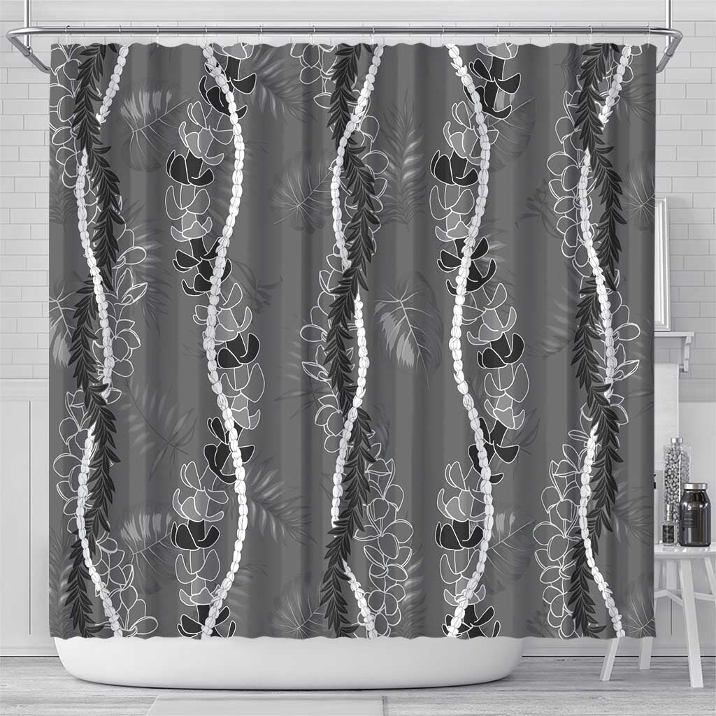Hawaii Maile Lei Shower Curtain With Gray Monstera Pattern