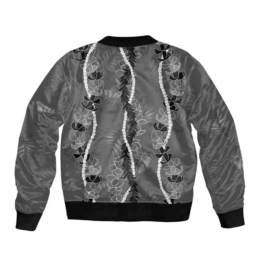 Hawaii Maile Lei Sleeve Zip Bomber Jacket With Gray Monstera Pattern