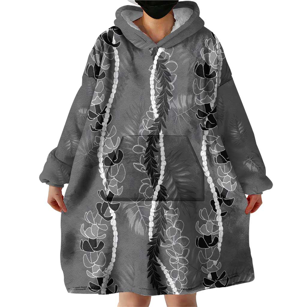 Hawaii Maile Lei Wearable Blanket Hoodie With Gray Monstera Pattern