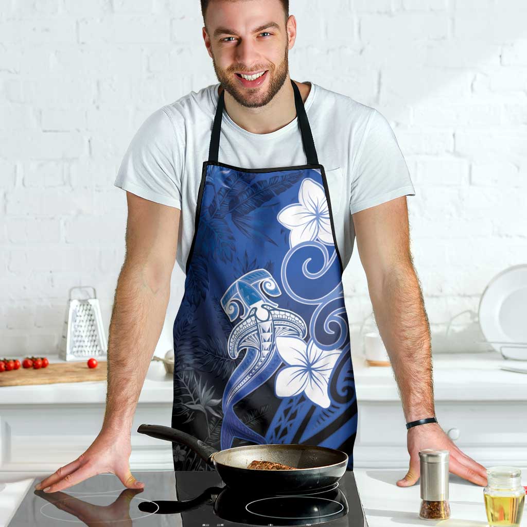 Polynesia Hammerhead Shark Apron Blue Tribal Pattern With Plumeria - Polynesian Pride