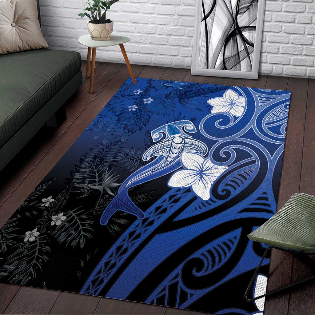 Polynesia Hammerhead Shark Area Rug Blue Tribal Pattern With Plumeria - Polynesian Pride