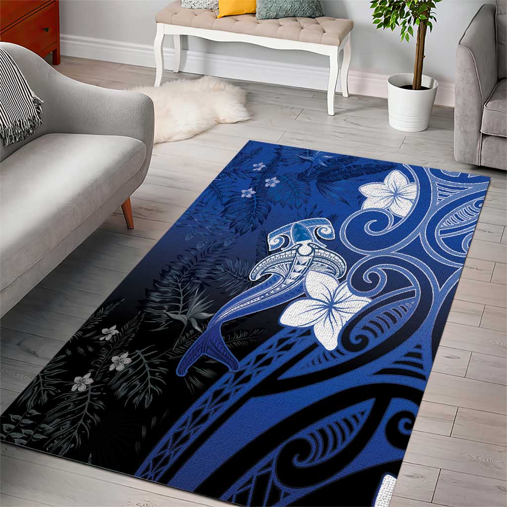 Polynesia Hammerhead Shark Area Rug Blue Tribal Pattern With Plumeria - Polynesian Pride