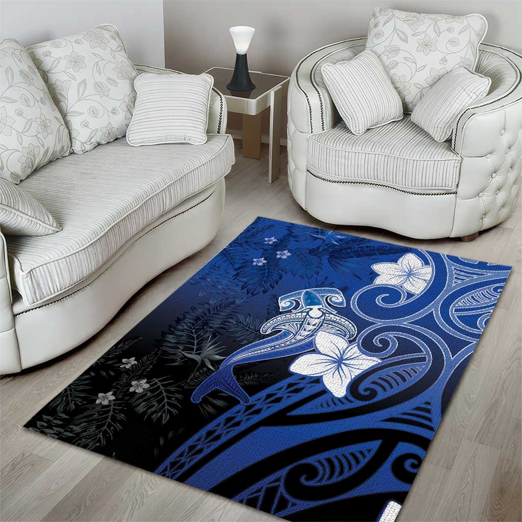 Polynesia Hammerhead Shark Area Rug Blue Tribal Pattern With Plumeria - Polynesian Pride