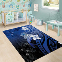 Polynesia Hammerhead Shark Area Rug Blue Tribal Pattern With Plumeria - Polynesian Pride