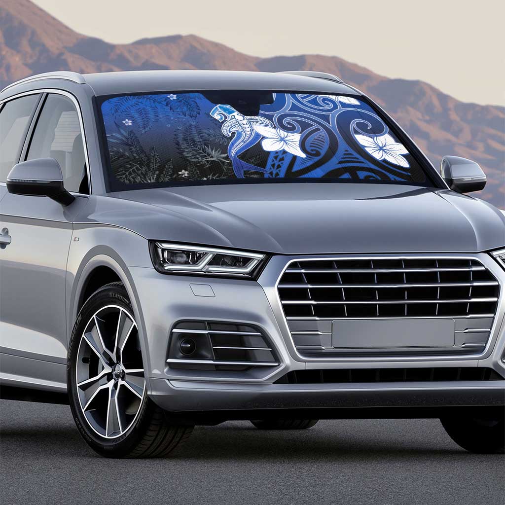 Polynesia Hammerhead Shark Auto Sun Shade Blue Tribal Pattern With Plumeria - Polynesian Pride