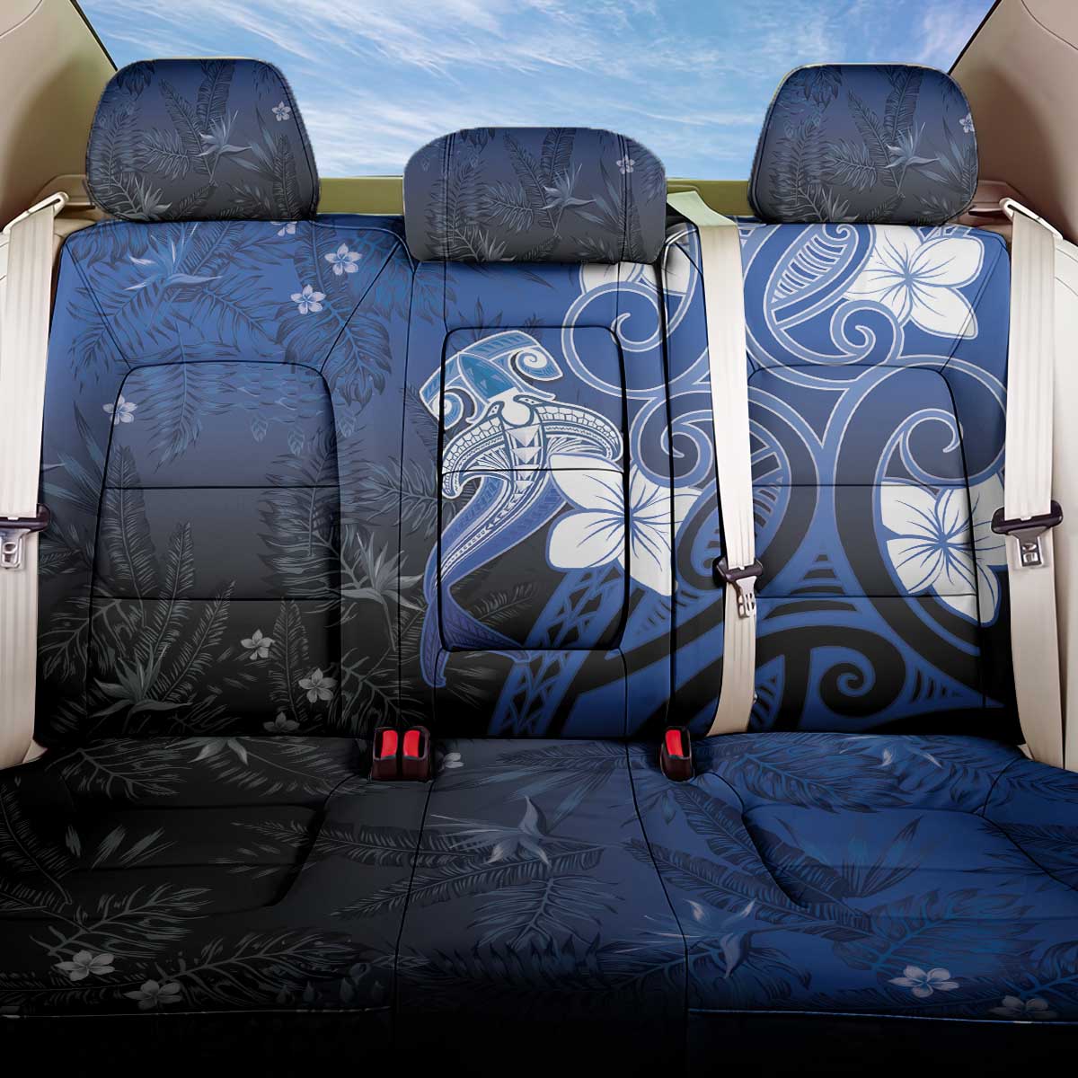 Polynesia Hammerhead Shark Back Car Seat Cover Blue Tribal Pattern With Plumeria - Polynesian Pride