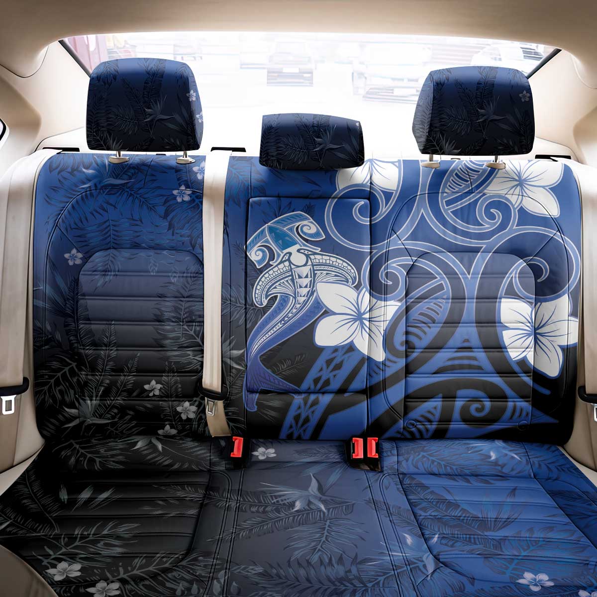 Polynesia Hammerhead Shark Back Car Seat Cover Blue Tribal Pattern With Plumeria - Polynesian Pride