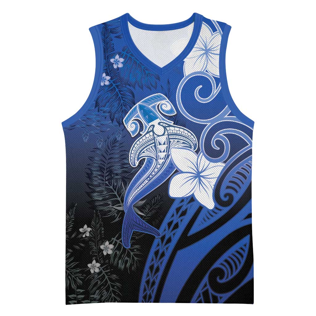 Polynesia Hammerhead Shark Basketball Jersey Blue Tribal Pattern With Plumeria - Polynesian Pride