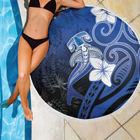 Polynesia Hammerhead Shark Beach Blanket Blue Tribal Pattern With Plumeria - Polynesian Pride