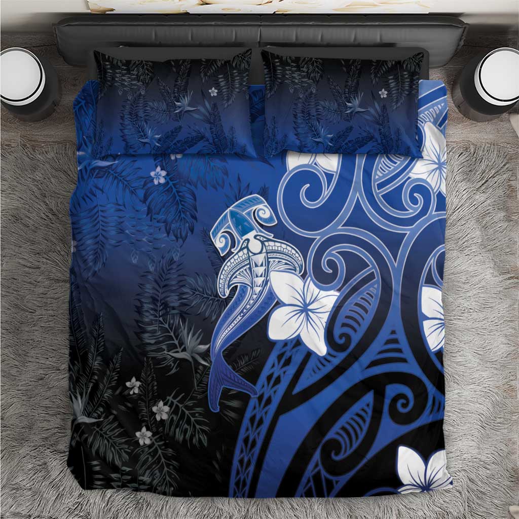 Polynesia Hammerhead Shark Bedding Set Blue Tribal Pattern With Plumeria - Polynesian Pride