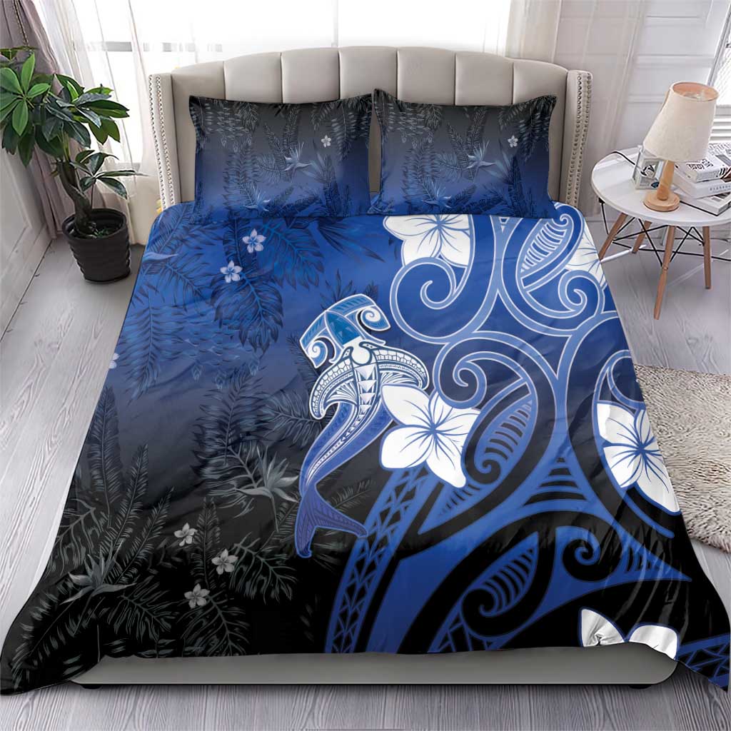 Polynesia Hammerhead Shark Bedding Set Blue Tribal Pattern With Plumeria - Polynesian Pride