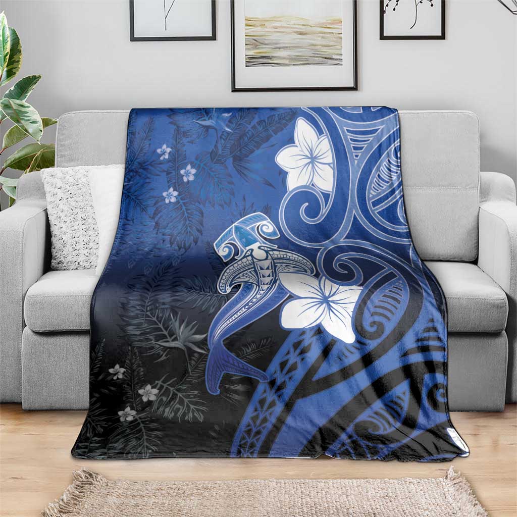 Polynesia Hammerhead Shark Blanket Blue Tribal Pattern With Plumeria - Polynesian Pride