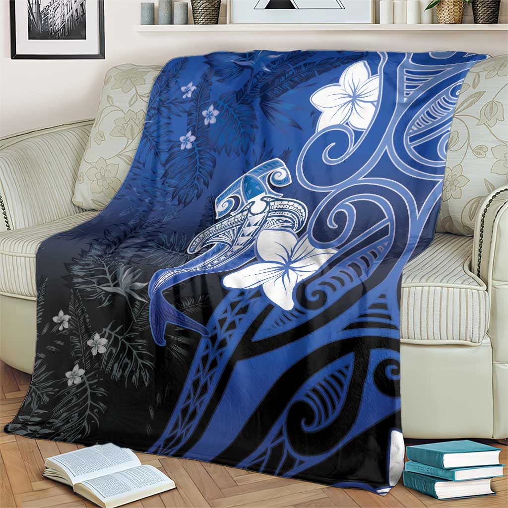 Polynesia Hammerhead Shark Blanket Blue Tribal Pattern With Plumeria - Polynesian Pride