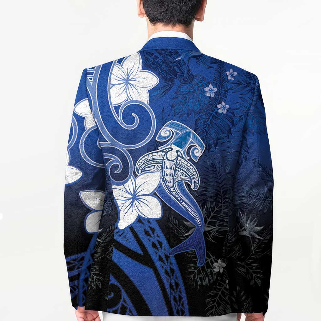 Polynesia Hammerhead Shark Blazer Blue Tribal Pattern With Plumeria - Polynesian Pride