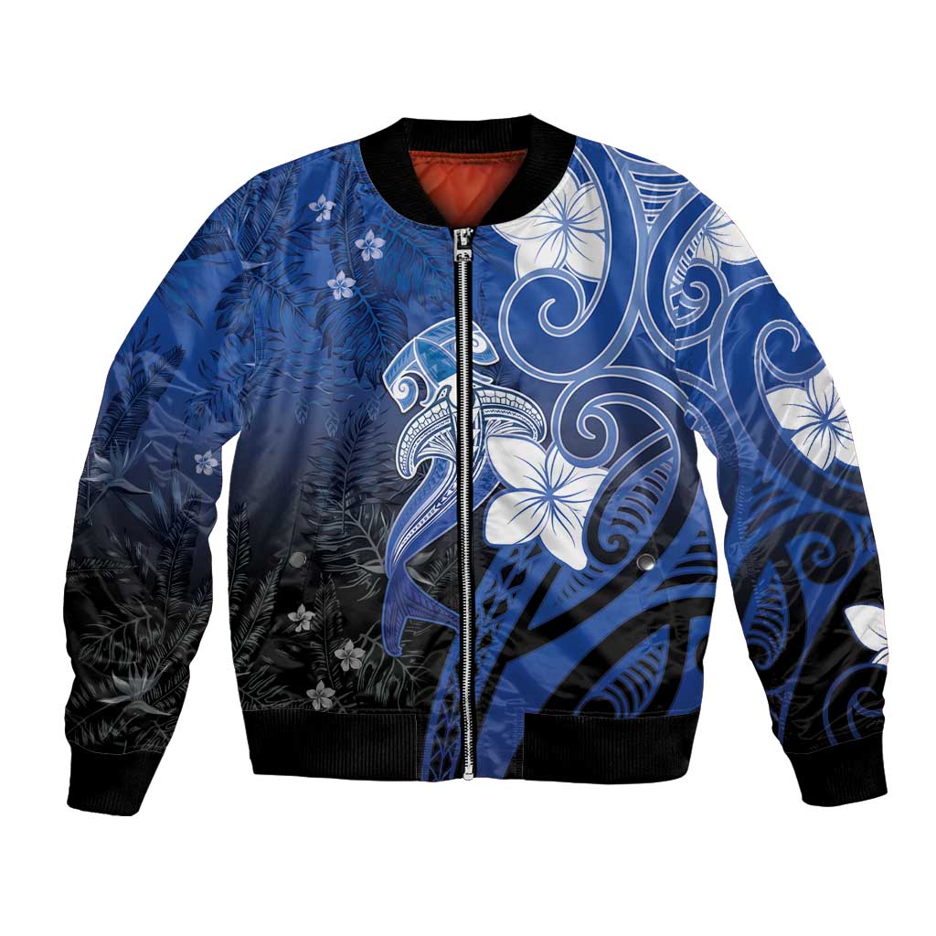Polynesia Hammerhead Shark Bomber Jacket Blue Tribal Pattern With Plumeria - Polynesian Pride
