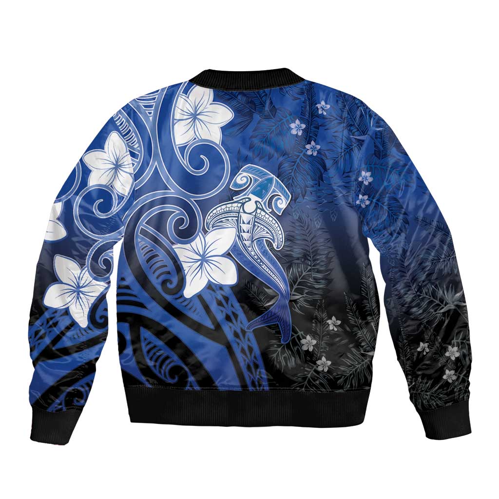 Polynesia Hammerhead Shark Bomber Jacket Blue Tribal Pattern With Plumeria - Polynesian Pride