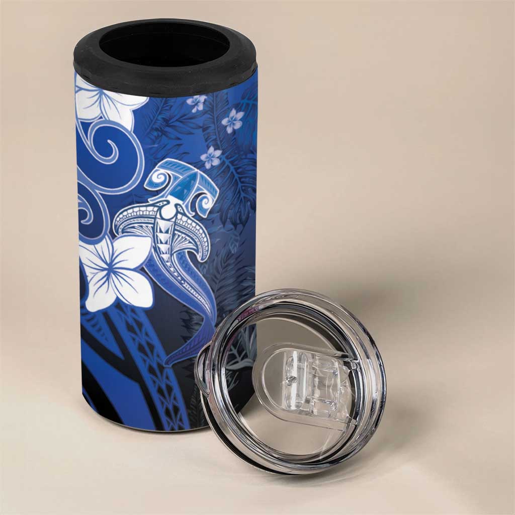 Polynesia Hammerhead Shark 4 in 1 Can Cooler Tumbler Blue Tribal Pattern With Plumeria - Polynesian Pride