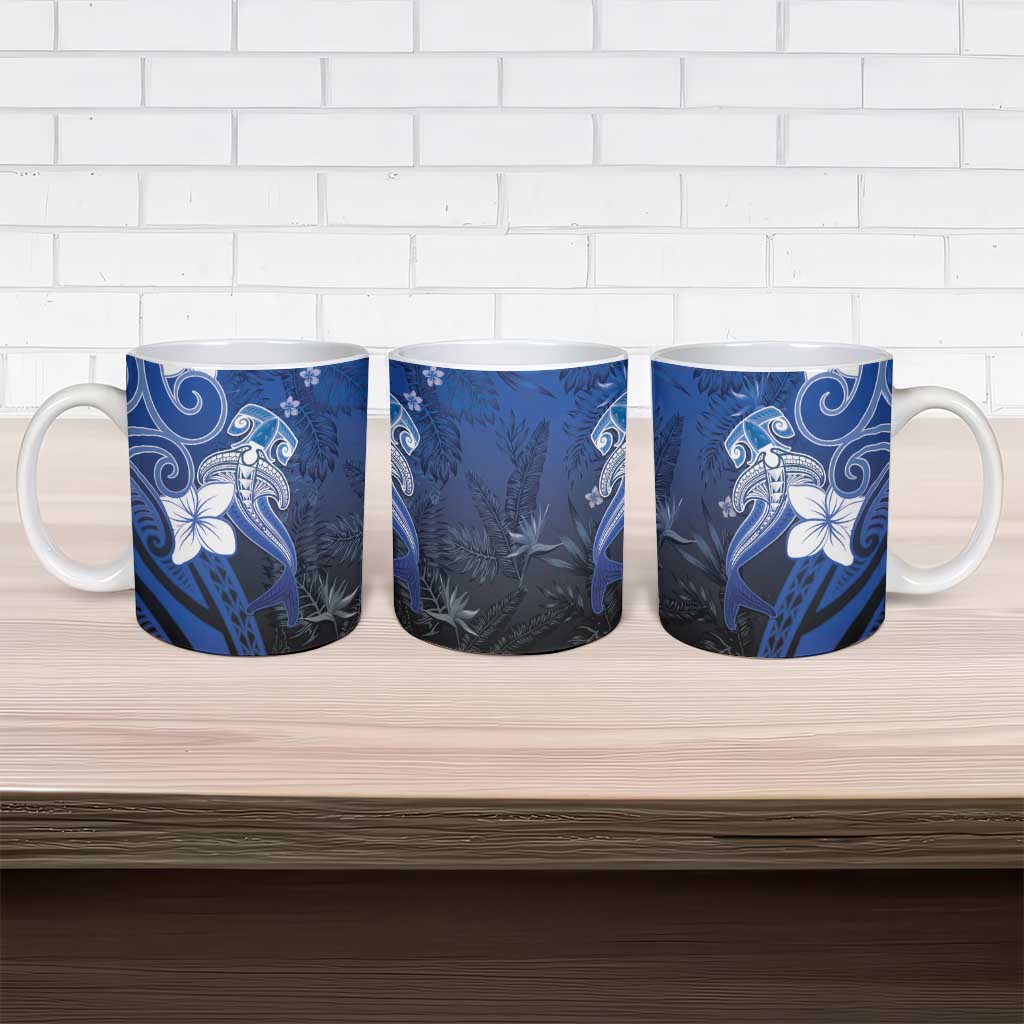 Polynesia Hammerhead Shark Ceramic Mug Blue Tribal Pattern With Plumeria - Polynesian Pride