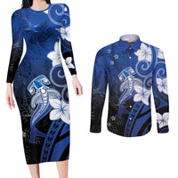 Polynesia Hammerhead Shark Couples Matching Long Sleeve Bodycon Dress and Long Sleeve Button Shirt Blue Tribal Pattern With Plumeria LT05 Blue - Polynesian Pride