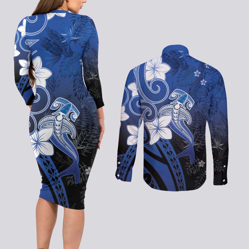 Polynesia Hammerhead Shark Couples Matching Long Sleeve Bodycon Dress and Long Sleeve Button Shirt Blue Tribal Pattern With Plumeria LT05 - Polynesian Pride