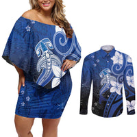 Polynesia Hammerhead Shark Couples Matching Off Shoulder Short Dress and Long Sleeve Button Shirt Blue Tribal Pattern With Plumeria LT05 Blue - Polynesian Pride