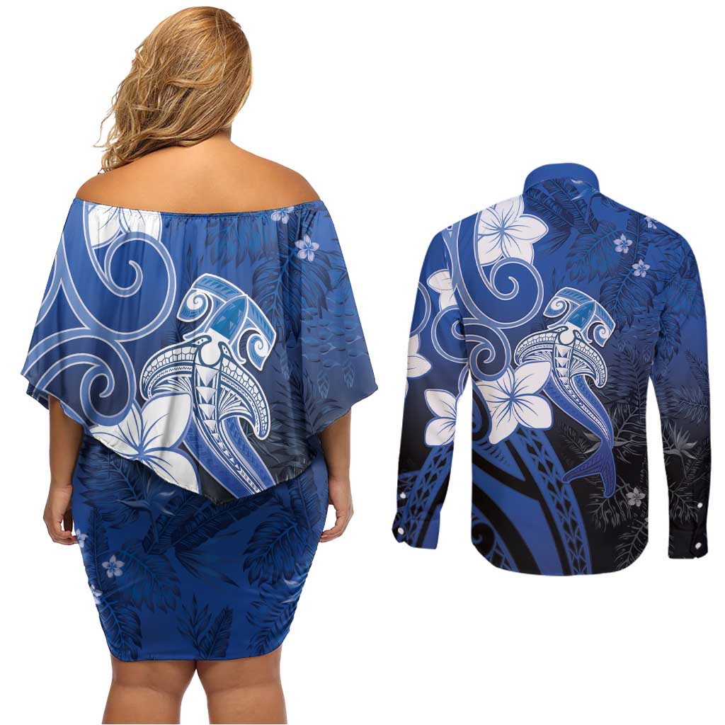 Polynesia Hammerhead Shark Couples Matching Off Shoulder Short Dress and Long Sleeve Button Shirt Blue Tribal Pattern With Plumeria LT05 - Polynesian Pride