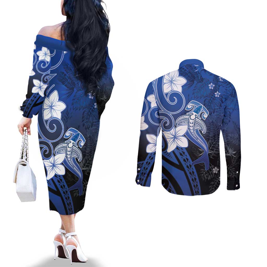 Polynesia Hammerhead Shark Couples Matching Off The Shoulder Long Sleeve Dress and Long Sleeve Button Shirt Blue Tribal Pattern With Plumeria LT05 - Polynesian Pride