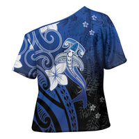 Polynesia Hammerhead Shark Cross Shoulder Shirt Blue Tribal Pattern With Plumeria - Polynesian Pride