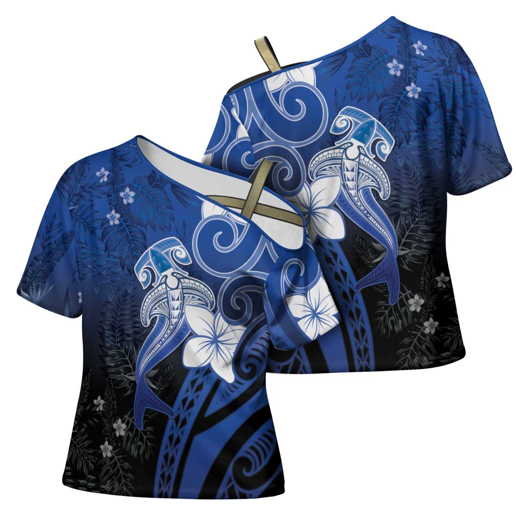 Polynesia Hammerhead Shark Cross Shoulder Shirt Blue Tribal Pattern With Plumeria - Polynesian Pride