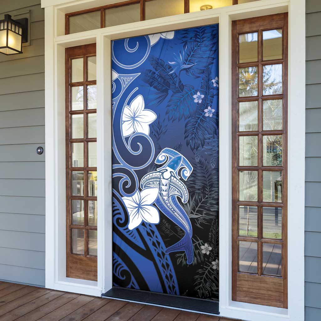 Polynesia Hammerhead Shark Door Cover Blue Tribal Pattern With Plumeria - Polynesian Pride