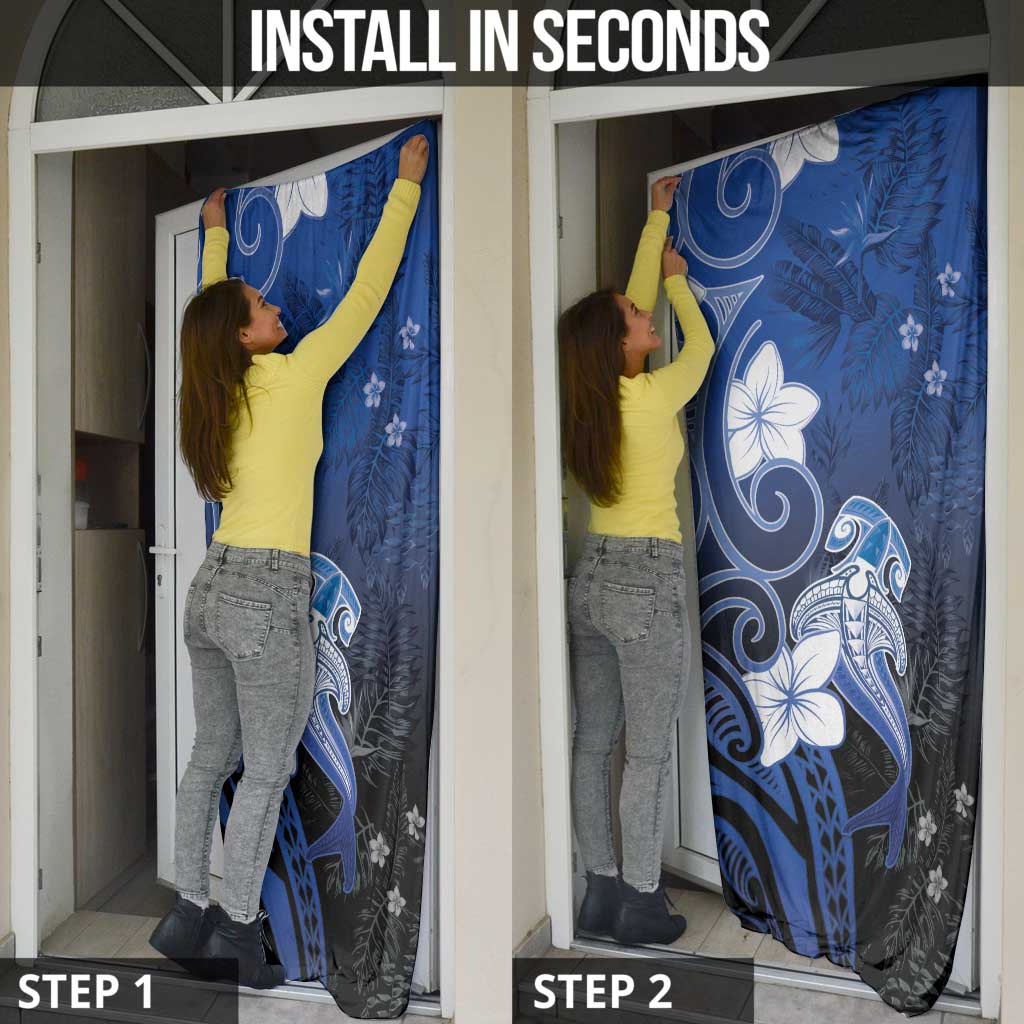 Polynesia Hammerhead Shark Door Cover Blue Tribal Pattern With Plumeria - Polynesian Pride