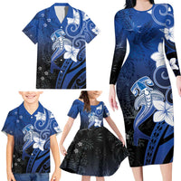 Polynesia Hammerhead Shark Family Matching Long Sleeve Bodycon Dress and Hawaiian Shirt Blue Tribal Pattern With Plumeria - Polynesian Pride