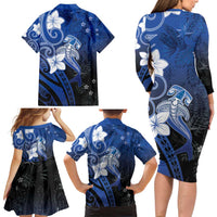 Polynesia Hammerhead Shark Family Matching Long Sleeve Bodycon Dress and Hawaiian Shirt Blue Tribal Pattern With Plumeria - Polynesian Pride