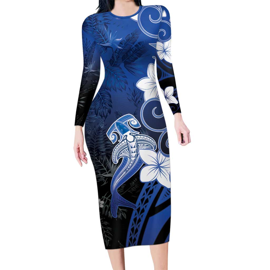 Polynesia Hammerhead Shark Family Matching Long Sleeve Bodycon Dress and Hawaiian Shirt Blue Tribal Pattern With Plumeria - Polynesian Pride