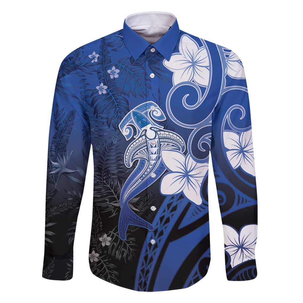 Polynesia Hammerhead Shark Family Matching Mermaid Dress and Hawaiian Shirt Blue Tribal Pattern With Plumeria LT05 Dad's Shirt - Long Sleeve Blue - Polynesian Pride