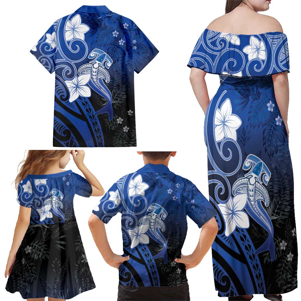 Polynesia Hammerhead Shark Family Matching Off Shoulder Maxi Dress and Hawaiian Shirt Blue Tribal Pattern With Plumeria - Polynesian Pride