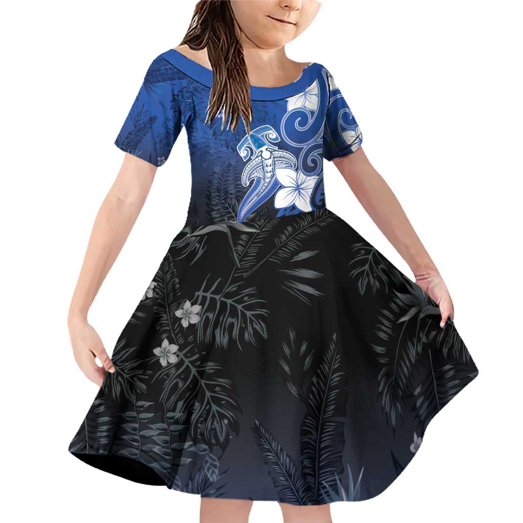 Polynesia Hammerhead Shark Family Matching Off Shoulder Short Dress and Hawaiian Shirt Blue Tribal Pattern With Plumeria - Polynesian Pride