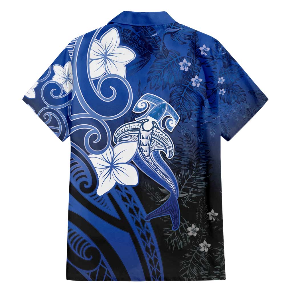 Polynesia Hammerhead Shark Family Matching Off Shoulder Short Dress and Hawaiian Shirt Blue Tribal Pattern With Plumeria - Polynesian Pride