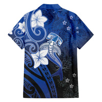 Polynesia Hammerhead Shark Family Matching Off Shoulder Short Dress and Hawaiian Shirt Blue Tribal Pattern With Plumeria - Polynesian Pride