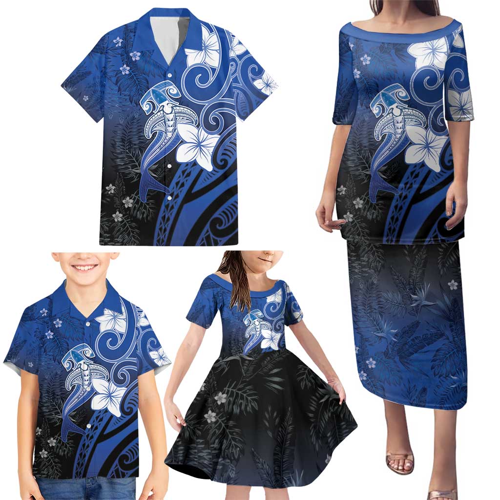 Polynesia Hammerhead Shark Family Matching Puletasi and Hawaiian Shirt Blue Tribal Pattern With Plumeria LT05 - Polynesian Pride