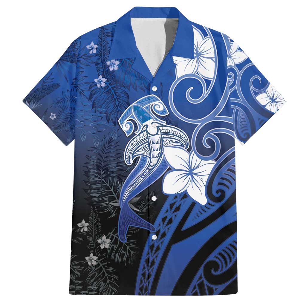 Polynesia Hammerhead Shark Family Matching Puletasi and Hawaiian Shirt Blue Tribal Pattern With Plumeria LT05 Dad's Shirt - Short Sleeve Blue - Polynesian Pride