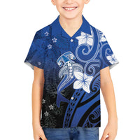 Polynesia Hammerhead Shark Family Matching Puletasi and Hawaiian Shirt Blue Tribal Pattern With Plumeria LT05 Son's Shirt Blue - Polynesian Pride